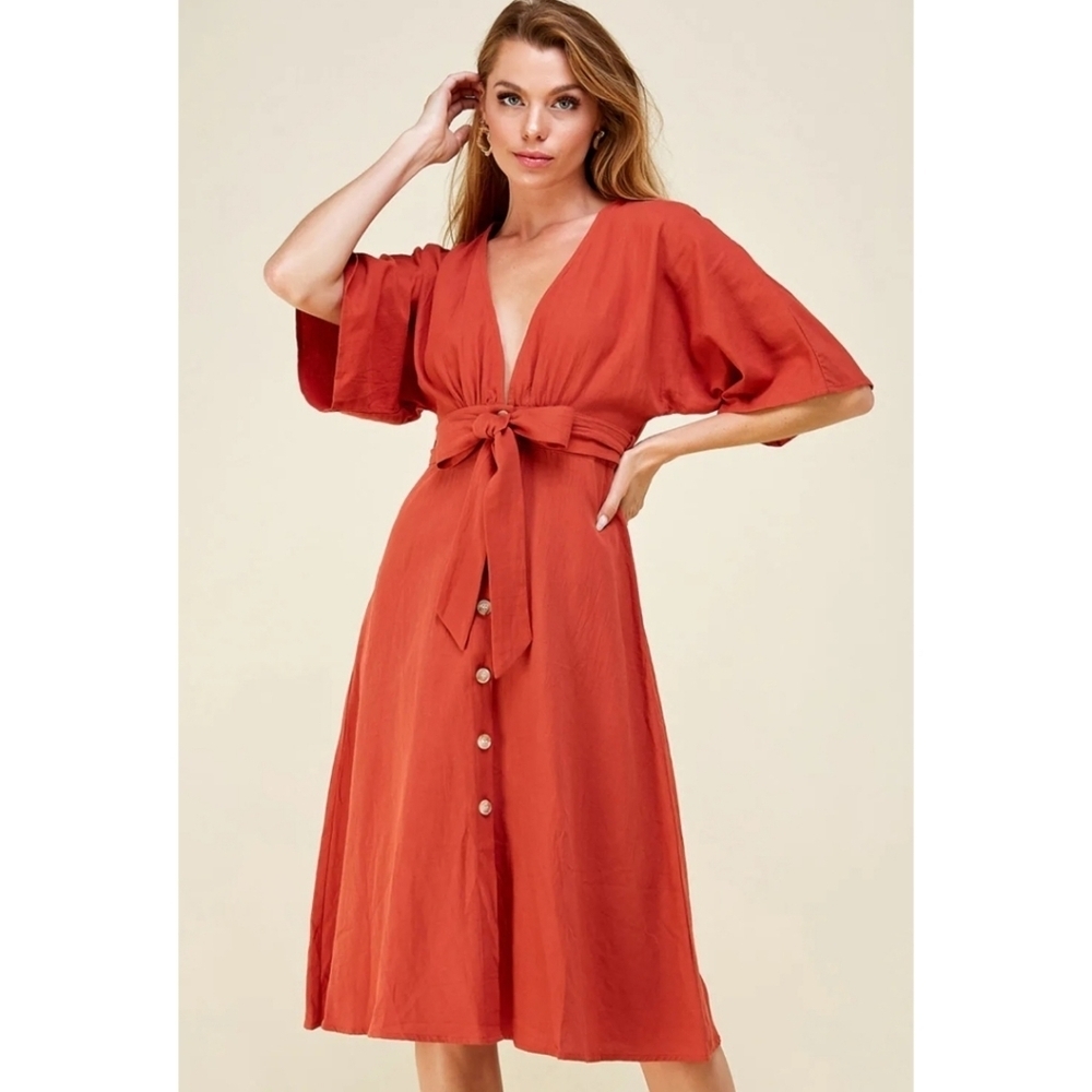 Tie Front Belted Midi Dress Button Down Deep V-Neck S/M/L  Rust Orange